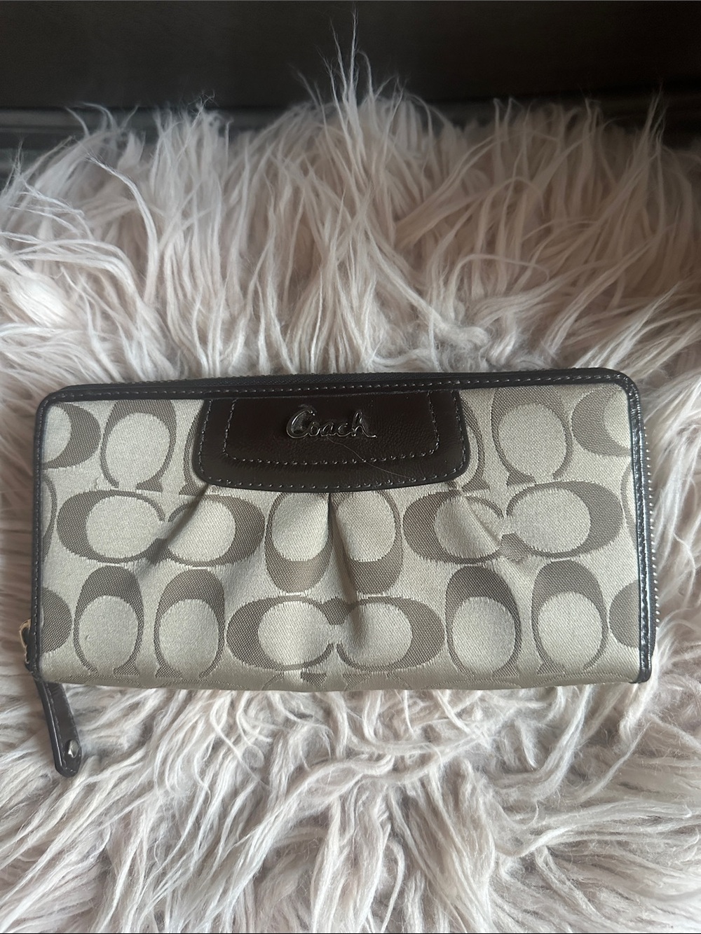 Coach Khaki and Brown Signature Zip Wallet